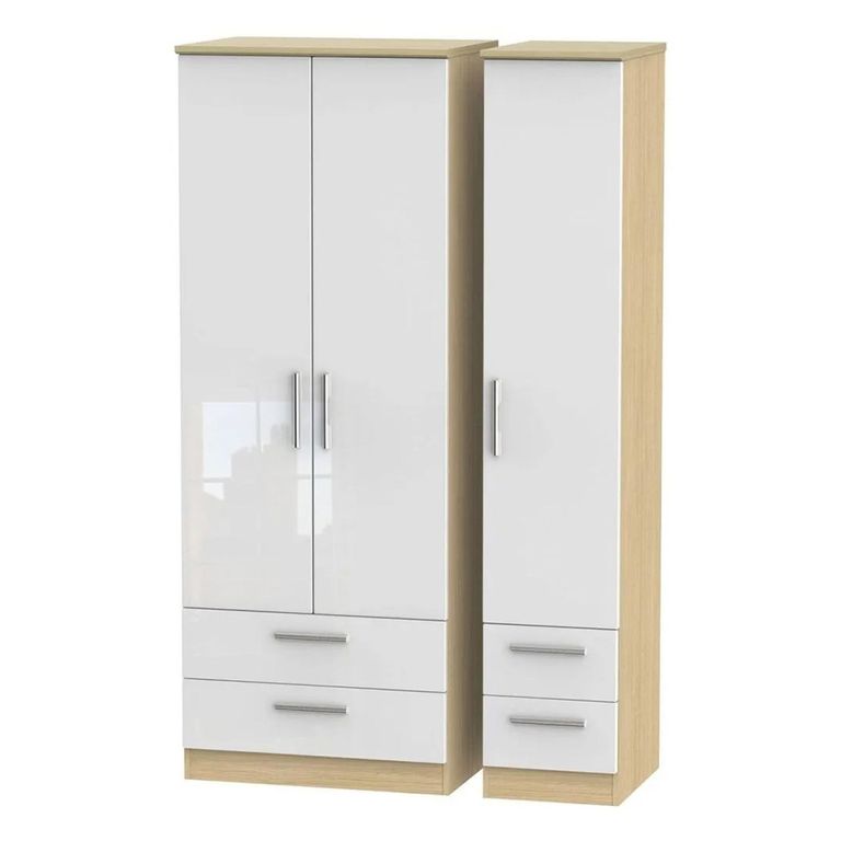 Knightsbridge White Gloss and Light Oak 3 Door Tall Triple Wardrobe - 4 Drawers