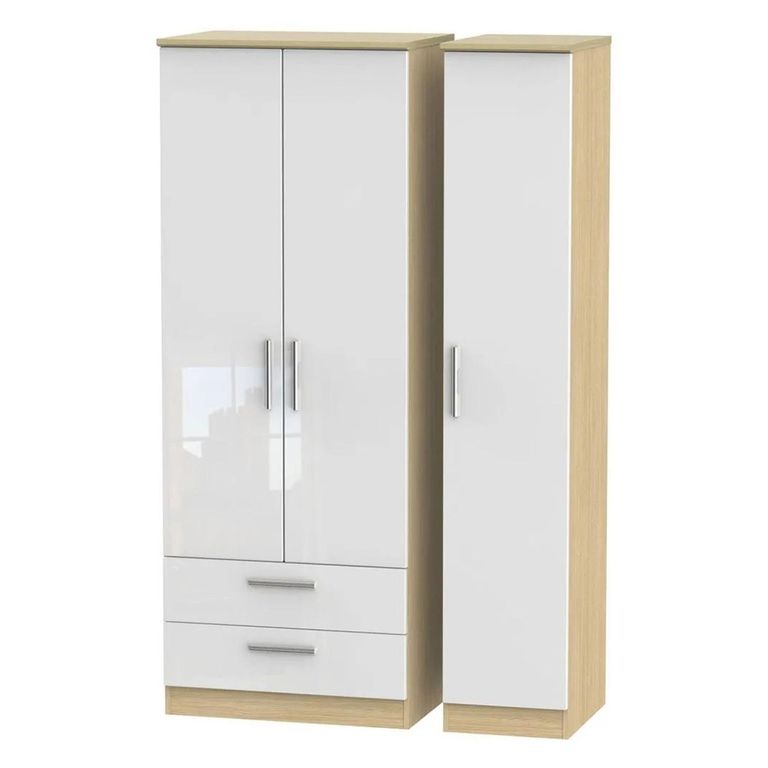 Knightsbridge White Gloss and Light Oak 3 Door Tall Triple Wardrobe - LHF 2 Drawers