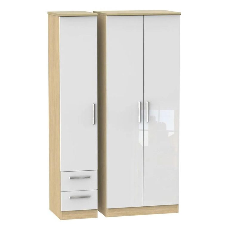 Knightsbridge White Gloss and Light Oak 3 Door Tall Triple Wardrobe - RHF 2 Drawers