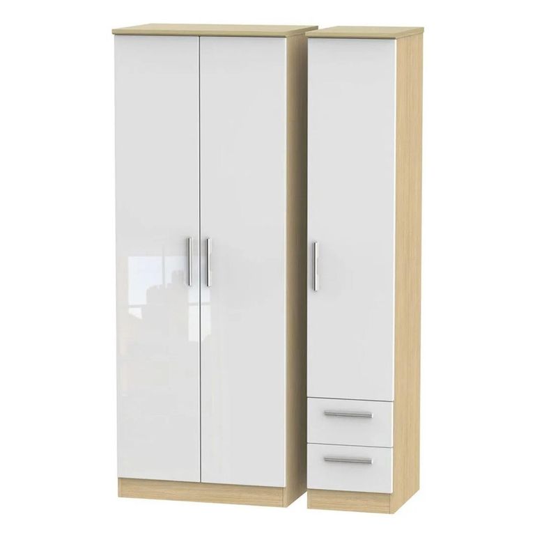 Knightsbridge White Gloss and Light Oak 3 Door Tall Triple Wardrobe - RHF 2 Drawers