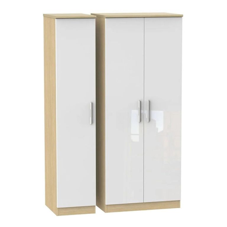 Knightsbridge White Gloss and Light Oak 3 Door Triple Wardrobe