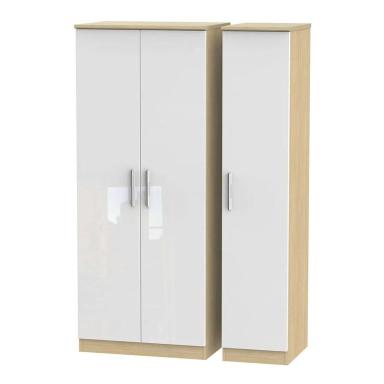 Knightsbridge White Gloss and Light Oak 3 Door Triple Wardrobe