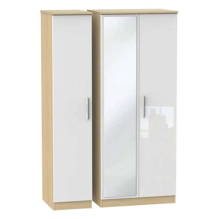 Knightsbridge White Gloss and Light Oak 3 Door Triple Wardrobe - 1 Mirror
