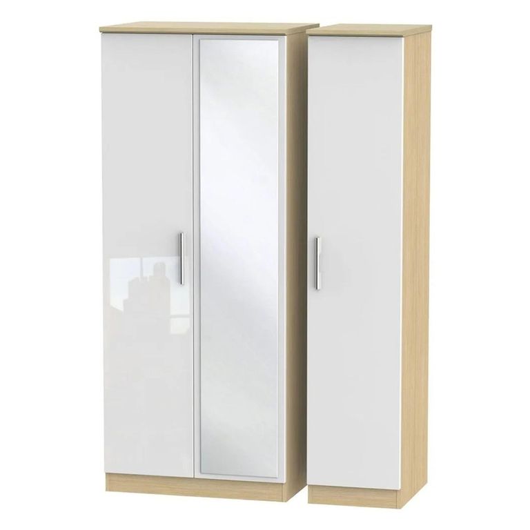 Knightsbridge White Gloss and Light Oak 3 Door Triple Wardrobe - 1 Mirror