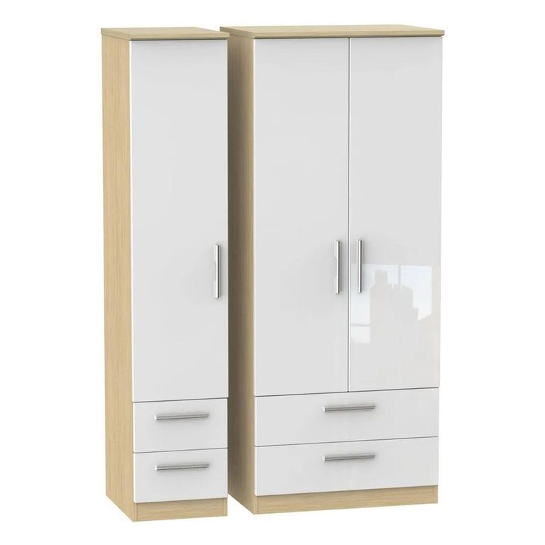 Knightsbridge White Gloss and Light Oak 3 Door Triple Wardrobe - 4 Drawers