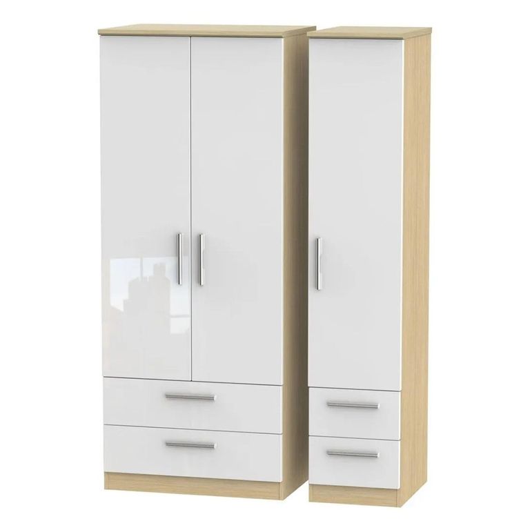 Knightsbridge White Gloss and Light Oak 3 Door Triple Wardrobe - 4 Drawers