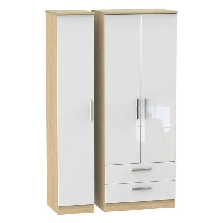 Knightsbridge White Gloss and Light Oak 3 Door Triple Wardrobe - LHF 2 Drawers