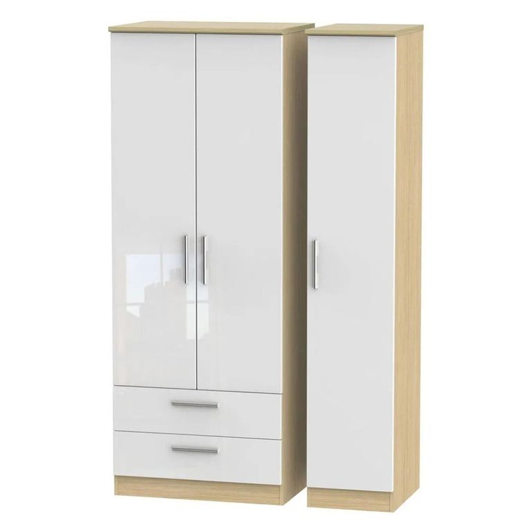 Knightsbridge White Gloss and Light Oak 3 Door Triple Wardrobe - LHF 2 Drawers