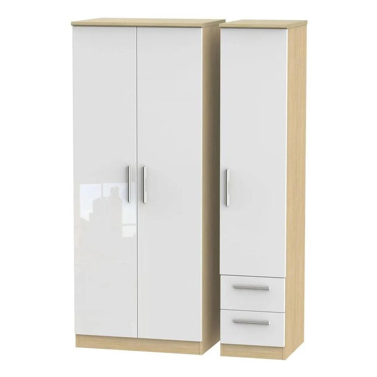 Knightsbridge White Gloss and Light Oak 3 Door Triple Wardrobe - RHF 2 Drawers