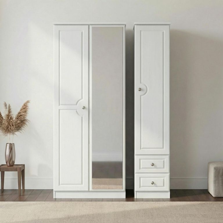 Pembroke Wardrobe - 3 Door - 1 Mirror - RHF 2 Drawers - Tall - Combi - White