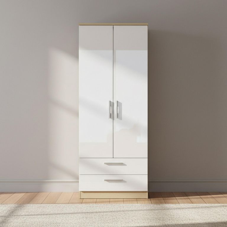 Knightsbridge Wardrobe - 2 Door - 2 Drawer - Tall - White Gloss and Light Oak