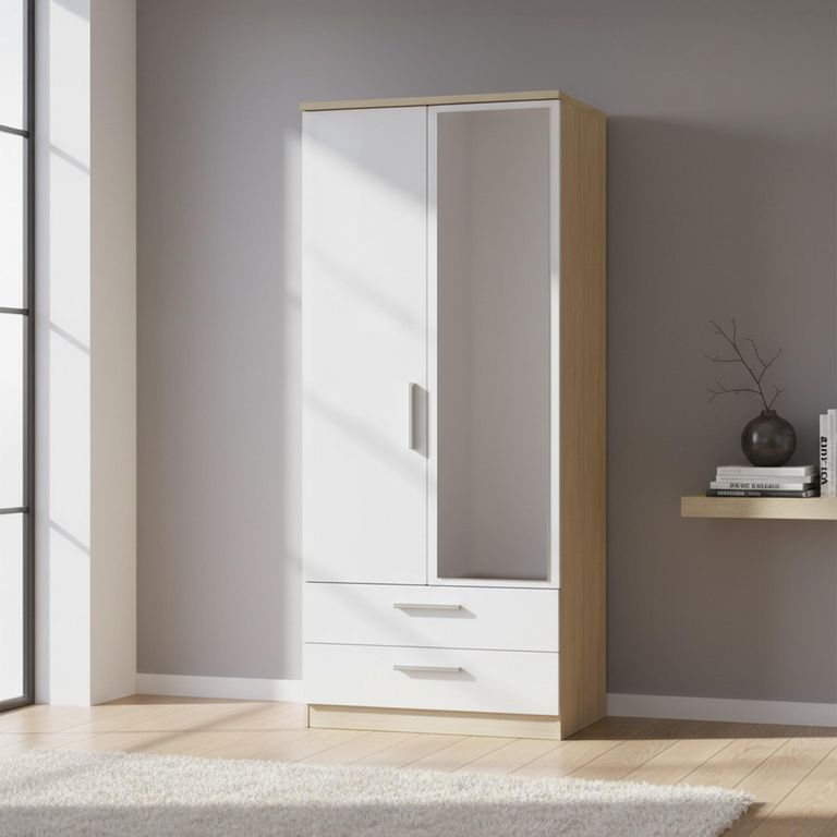 Knightsbridge Wardrobe - 2 Door - 1 Mirror - Combi - White Gloss and Light Oak