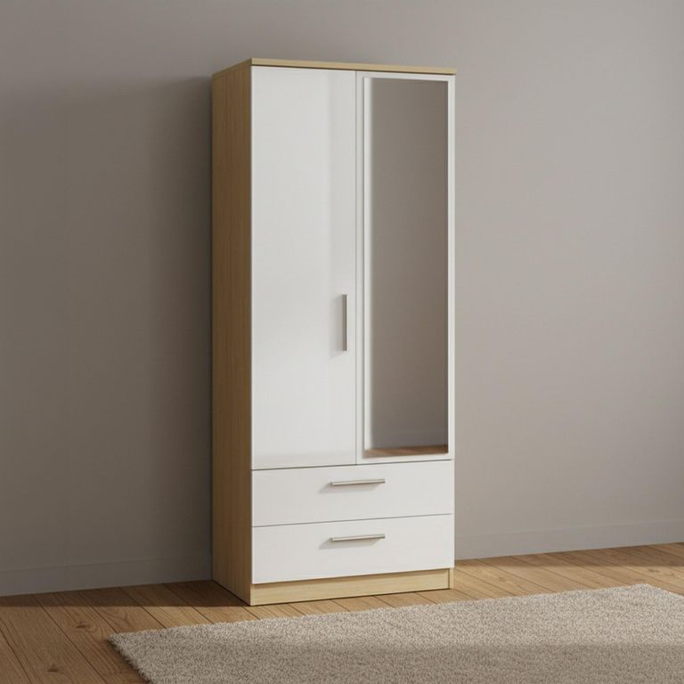 Knightsbridge Wardrobe - 2 Door - 1 Mirror - Combi - Tall - White Gloss and Light Oak