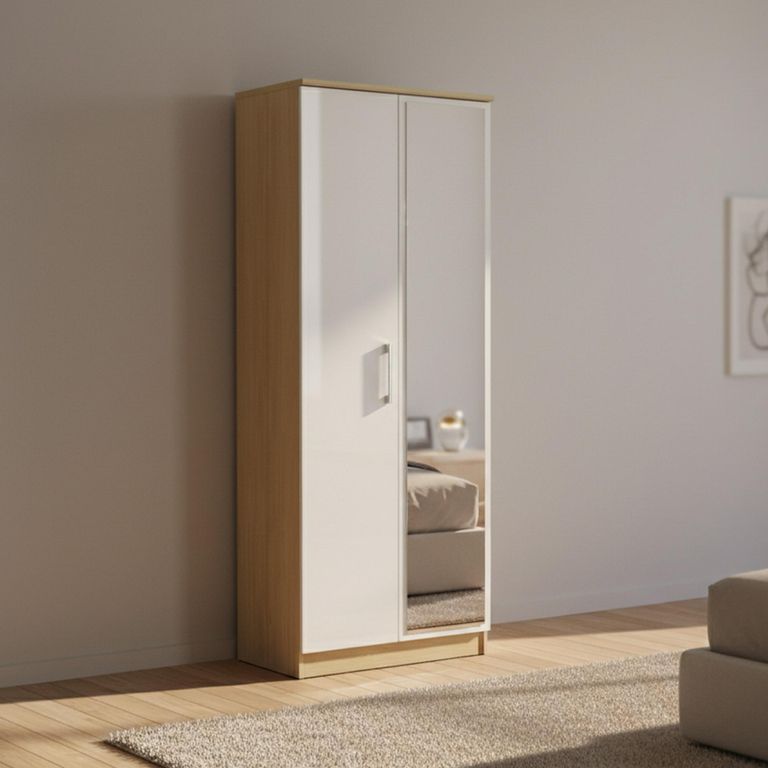 Knightsbridge Wardrobe - 2 Door - 1 Mirror - Tall - White Gloss and Light Oak