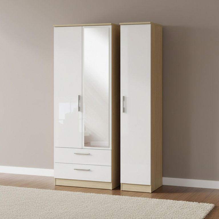 Knightsbridge Wardrobe - 3 Door - 1 Mirror - LHF 2 Drawer - Combi - White Gloss and Light Oak