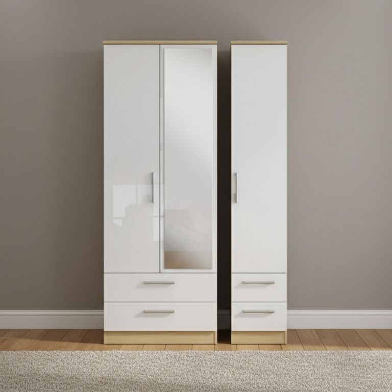 Knightsbridge Wardrobe - 3 Door - 1 Mirror - Combi - Tall - White Gloss and Light Oak