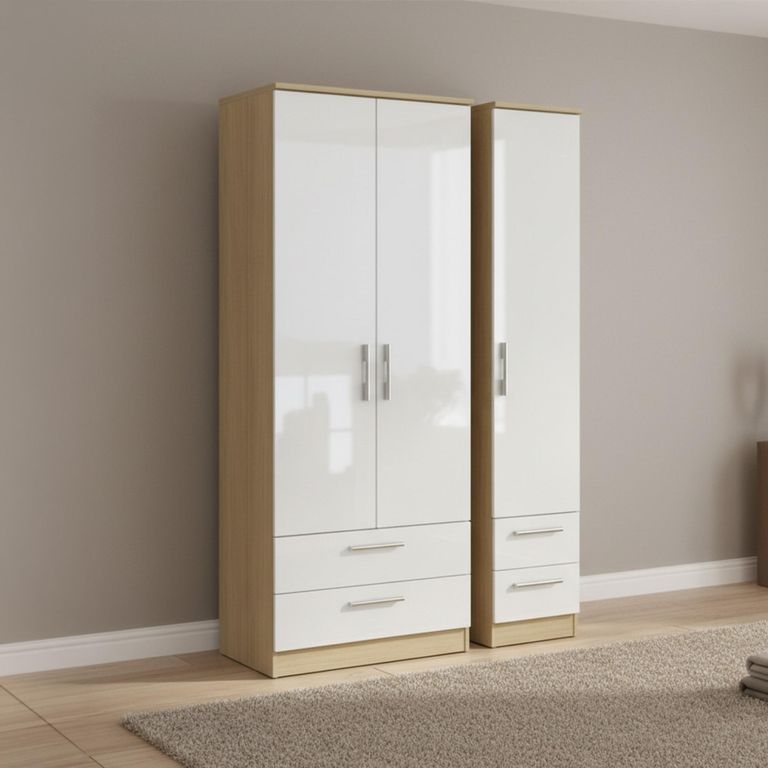 Knightsbridge Wardrobe - 3 Door - 4 Drawer - Triple - Tall - White Gloss and Light Oak