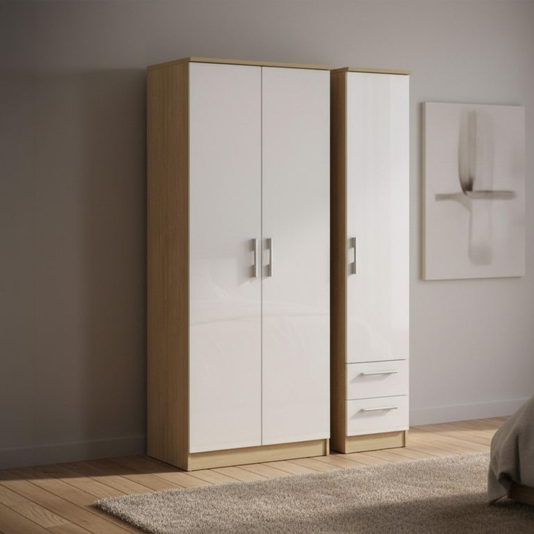Knightsbridge Wardrobe - 3 Door - RHF 2 Drawer - Triple - Tall - White Gloss and Light Oak