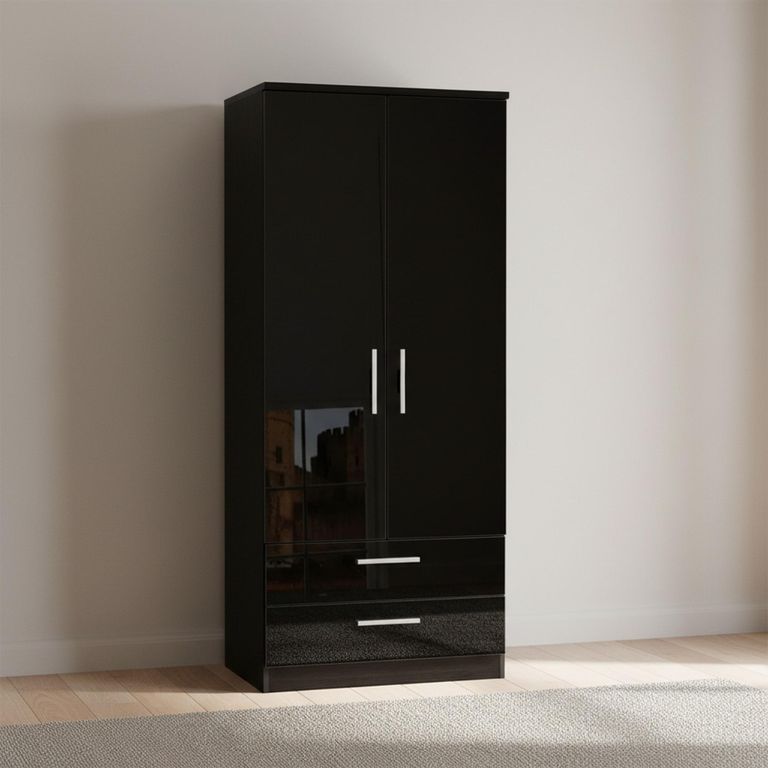 Knightsbridge Double Wardrobe - 2 Door - 2 Drawer - Black Gloss