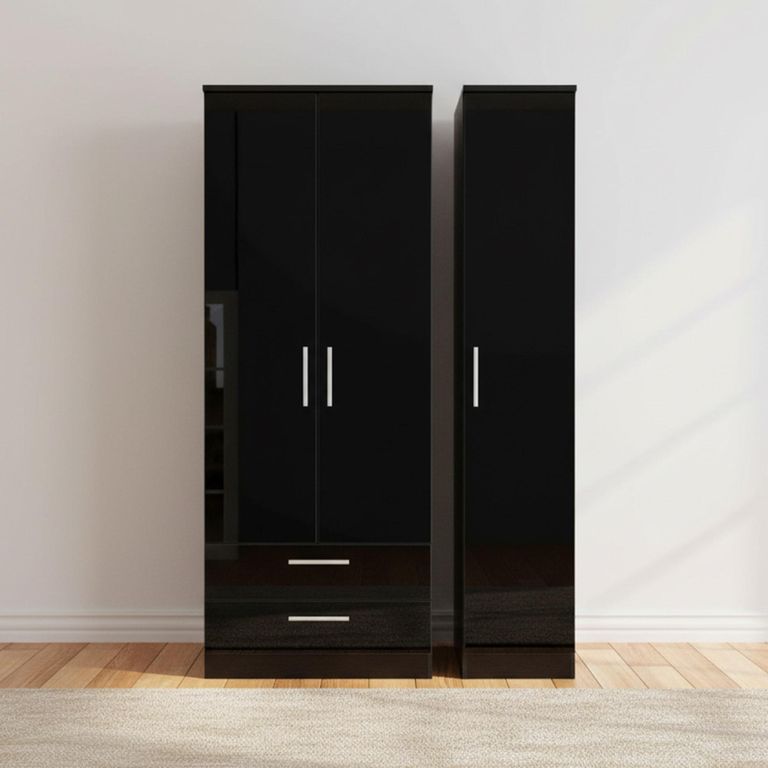 Knightsbridge Triple Wardrobe - 3 Door - LHF 2 Drawers - Black Gloss
