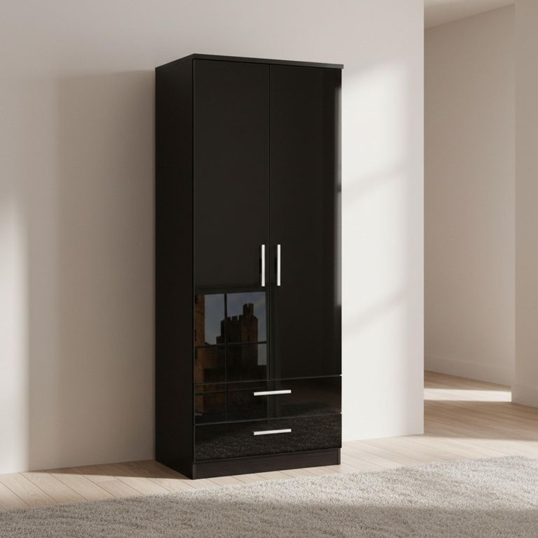 Knightsbridge Tall Wardrobe - 2 Door - 2 Drawer - Black Gloss