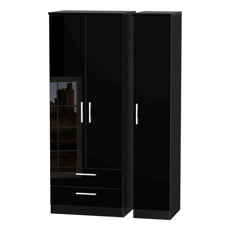 Knightsbridge Triple Wardrobe - 3 Door - LHF 2 Drawers - Black Gloss