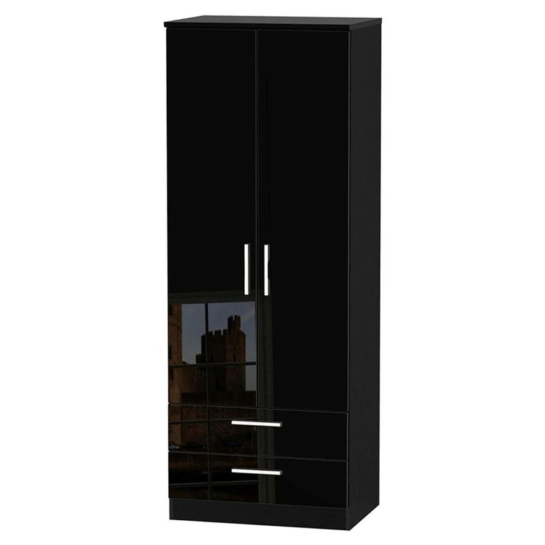 Knightsbridge Tall Wardrobe - 2 Door - 2 Drawer - Black Gloss
