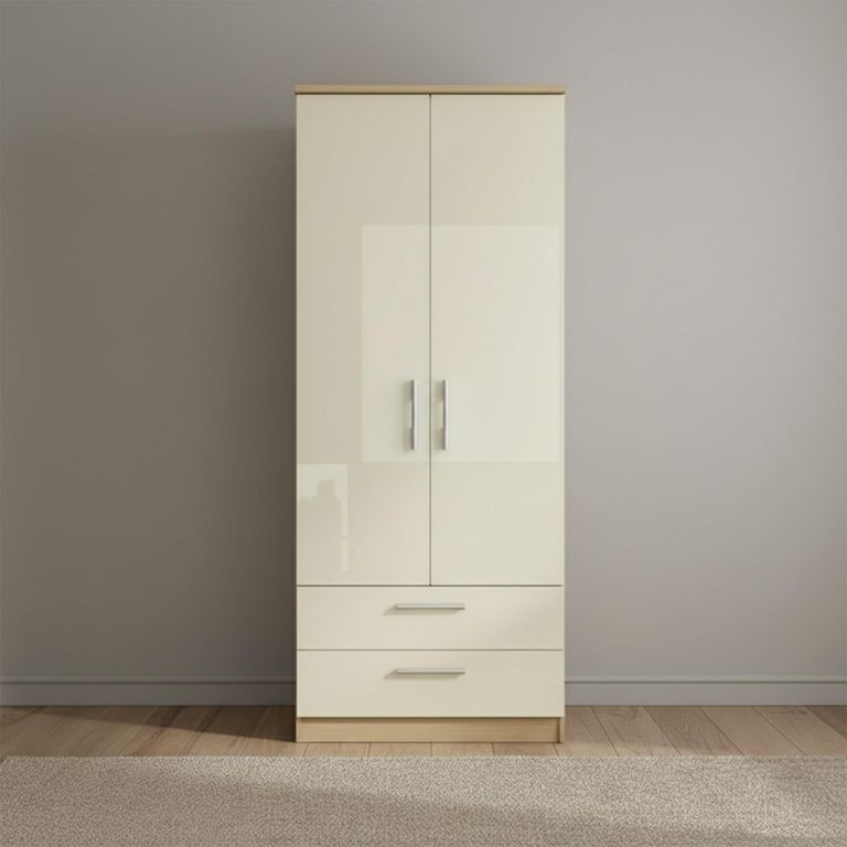 Knightsbridge Double Wardrobe - 2 Door - 2 Drawer - Cream Gloss and Light Oak