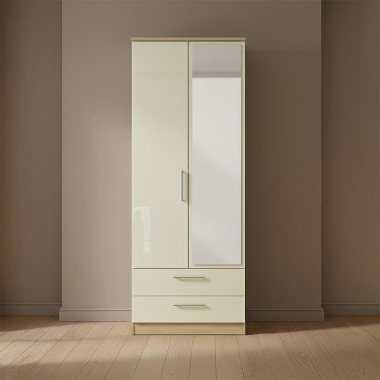 Knightsbridge Tall Combi Wardrobe - 2 Door - 1 Mirror - Cream Gloss and Light Oak