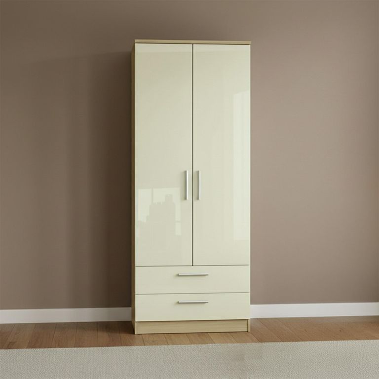 Knightsbridge Tall Wardrobe - 2 Door - 2 Drawer - Cream Gloss and Light Oak