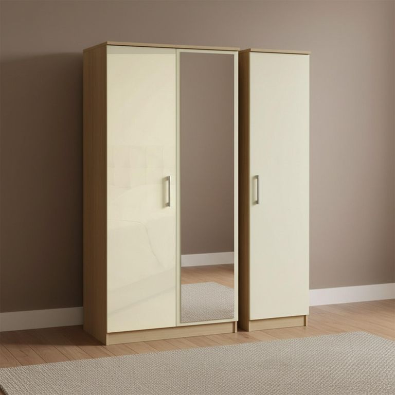 Knightsbridge Triple Wardrobe - 3 Door - 1 Mirror - Cream Gloss and Light Oak