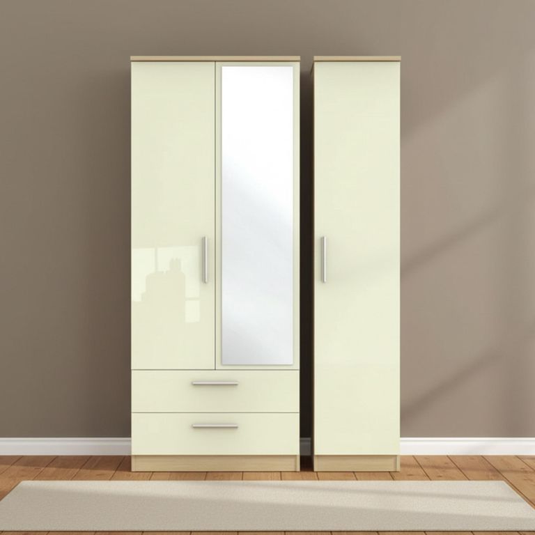 Knightsbridge Triple Wardrobe - 3 Door - LHF 2 Drawers - Combi - Cream Gloss and Light Oak