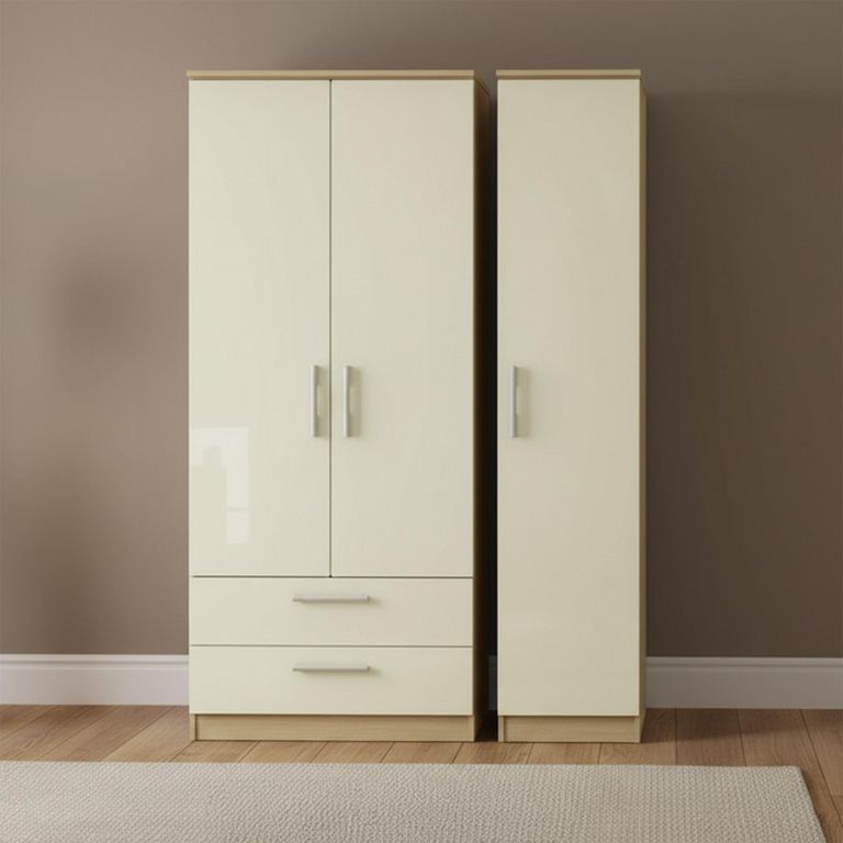 Knightsbridge Triple Wardrobe - 3 Door - LHF 2 Drawers - Cream Gloss and Light Oak