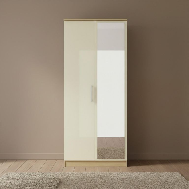 Knightsbridge Wardrobe - 2 Door - 1 Mirror - Cream Gloss and Light Oak