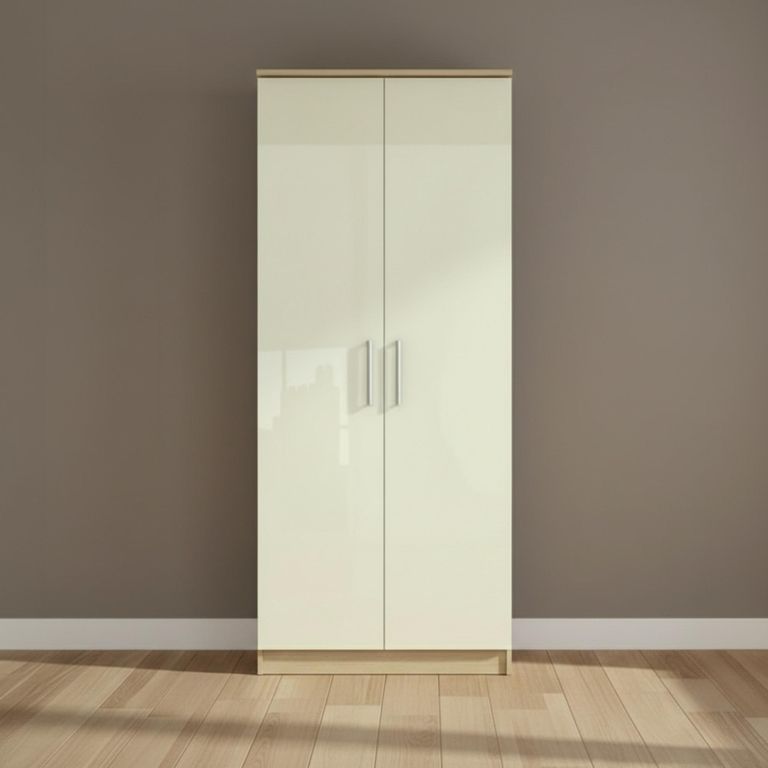 Knightsbridge Wardrobe - 2 Door - Plain - Cream Gloss and Light Oak