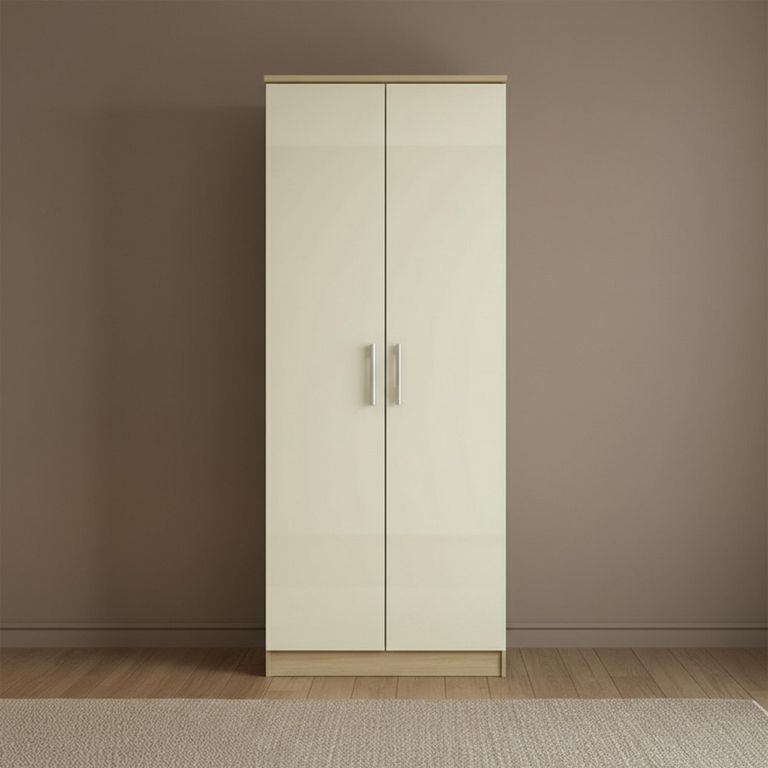 Knightsbridge Wardrobe - 2 Door - Plain Tall - Cream Gloss and Light Oak
