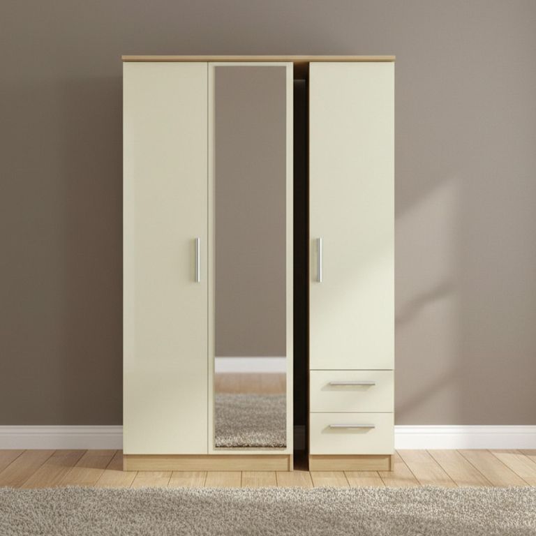 Knightsbridge Wardrobe - 3 Door - 1 Mirror - RHF 2 Drawers - Combi - Cream Gloss and Light Oak