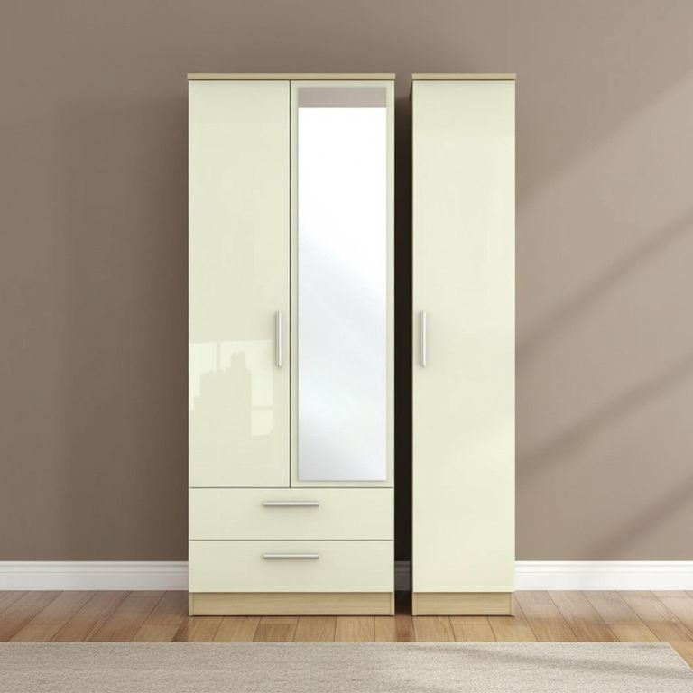 Knightsbridge Wardrobe - 3 Door - Tall Combi - 1 Mirror - LHF 2 Drawers - Cream Gloss and Light Oak