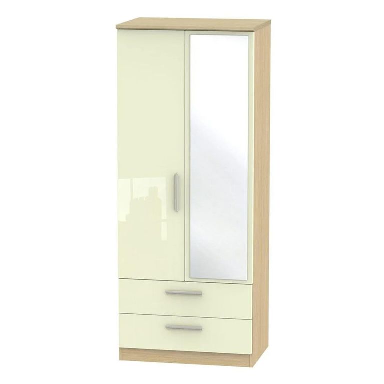 Knightsbridge Combi Wardrobe - 2 Door - 1 Mirror - Cream Gloss and Light Oak