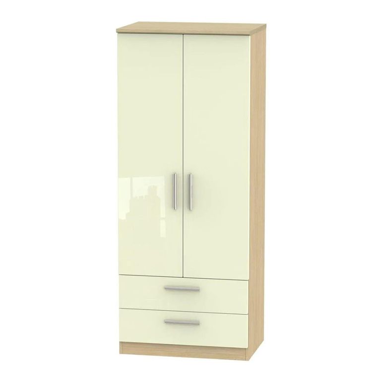 Knightsbridge Double Wardrobe - 2 Door - 2 Drawer - Cream Gloss and Light Oak