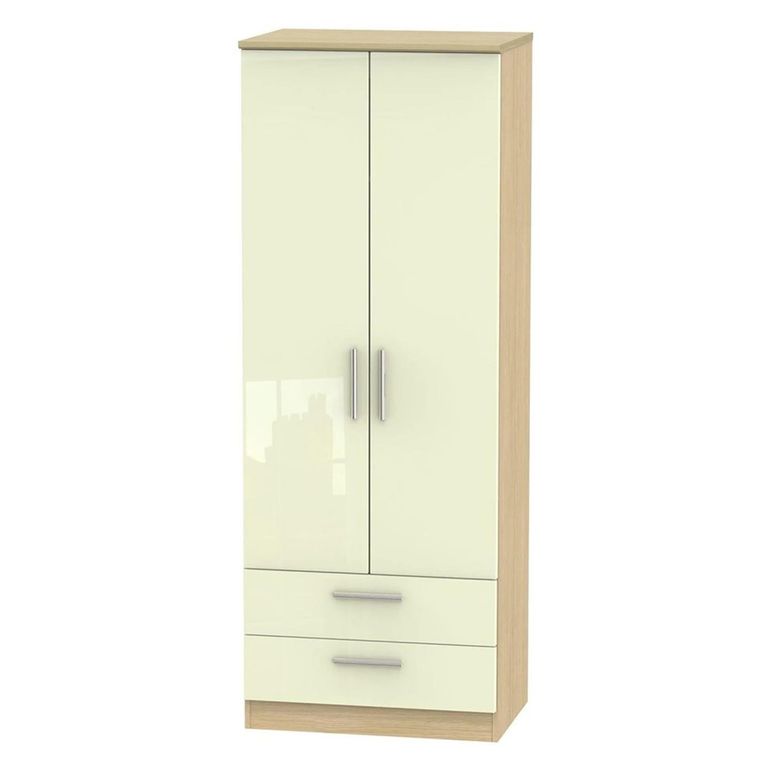 Knightsbridge Tall Wardrobe - 2 Door - 2 Drawer - Cream Gloss and Light Oak