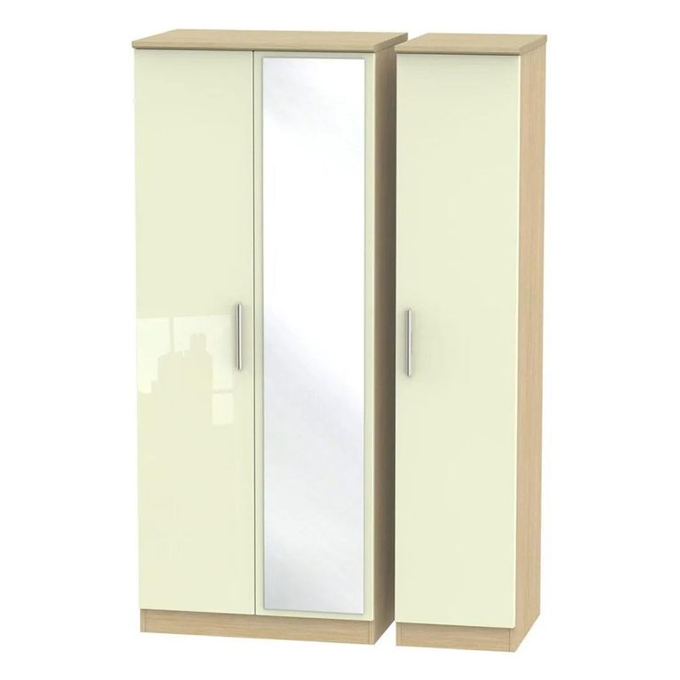 Knightsbridge Triple Wardrobe - 3 Door - 1 Mirror - Cream Gloss and Light Oak