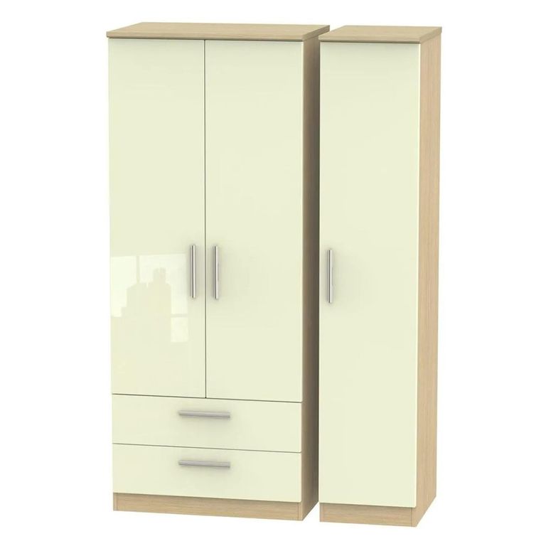 Knightsbridge Triple Wardrobe - 3 Door - LHF 2 Drawers - Cream Gloss and Light Oak