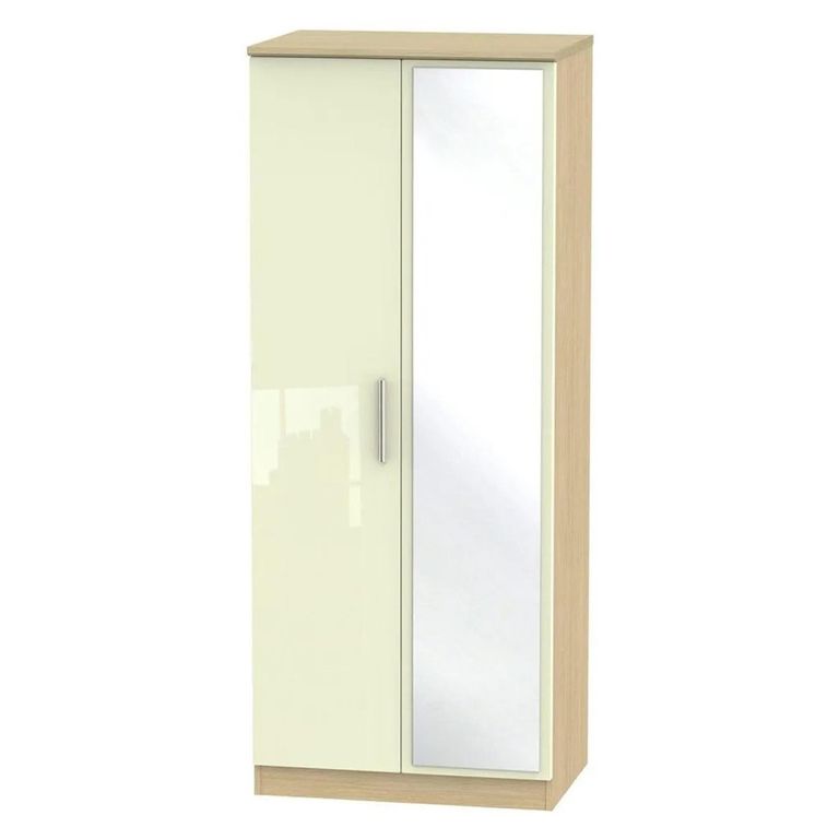 Knightsbridge Wardrobe - 2 Door - 1 Mirror - Cream Gloss and Light Oak