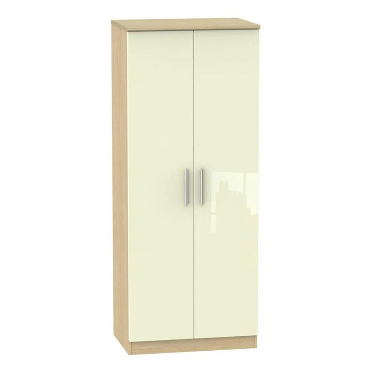 Knightsbridge Wardrobe - 2 Door - Plain - Cream Gloss and Light Oak