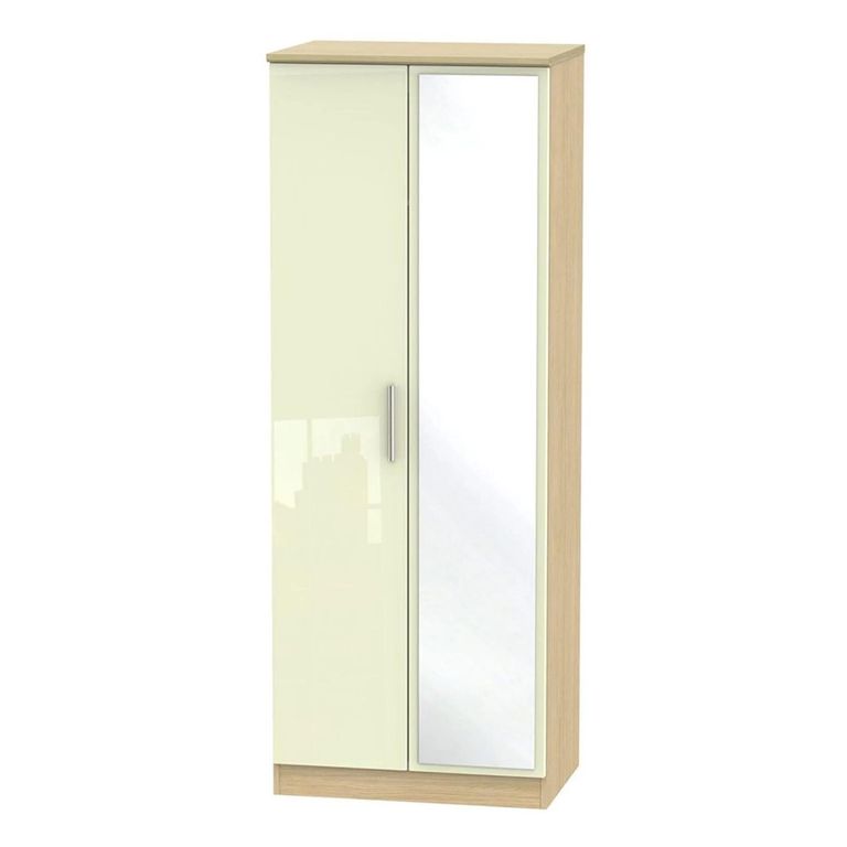 Knightsbridge Wardrobe - 2 Door - Tall - 1 Mirror - Cream Gloss and Light Oak