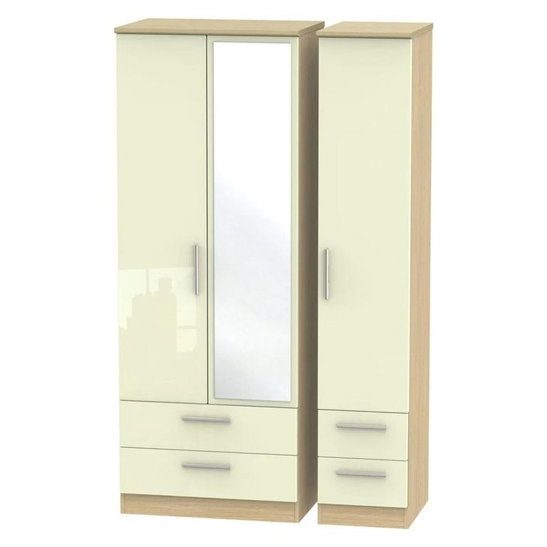 Knightsbridge Wardrobe - 3 Door - 1 Mirror - Tall Combi - Cream Gloss and Light Oak