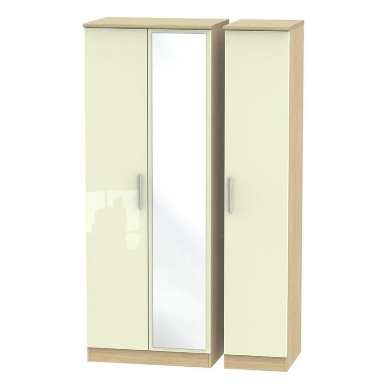 Knightsbridge Wardrobe - 3 Door - Tall Triple - Cream Gloss and Light Oak