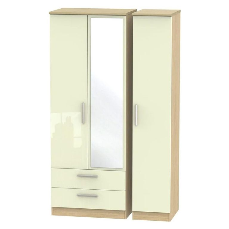 Knightsbridge Wardrobe - 3 Door - Tall Combi - 1 Mirror - LHF 2 Drawers - Cream Gloss and Light Oak