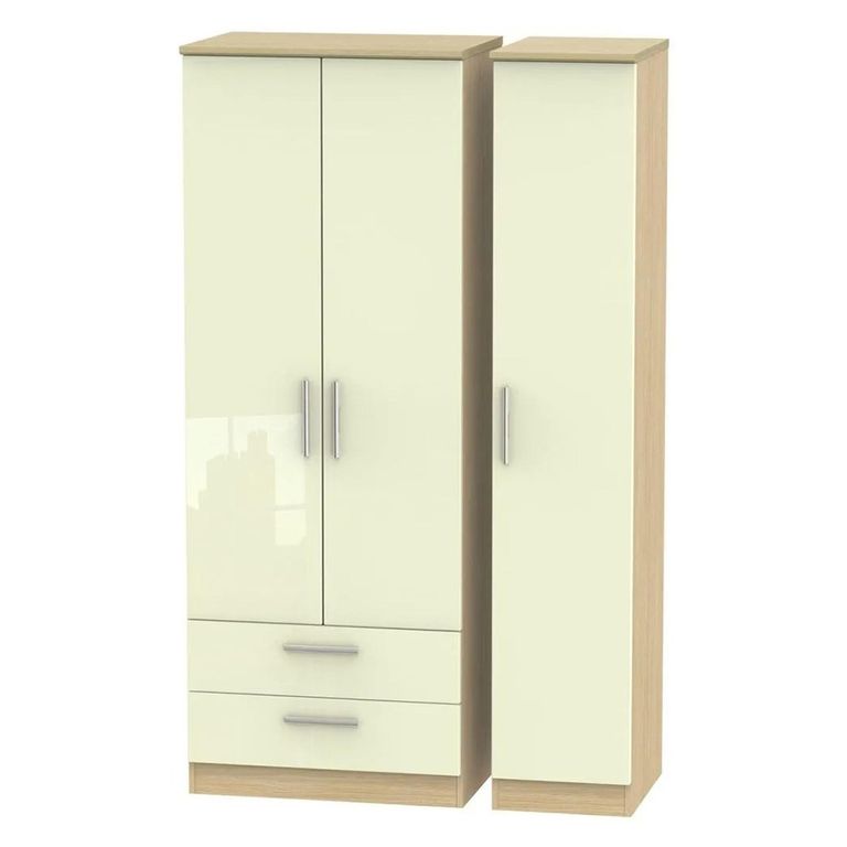 Knightsbridge Wardrobe - 3 Door - Tall Triple - LHF 2 Drawers - Cream Gloss and Light Oak